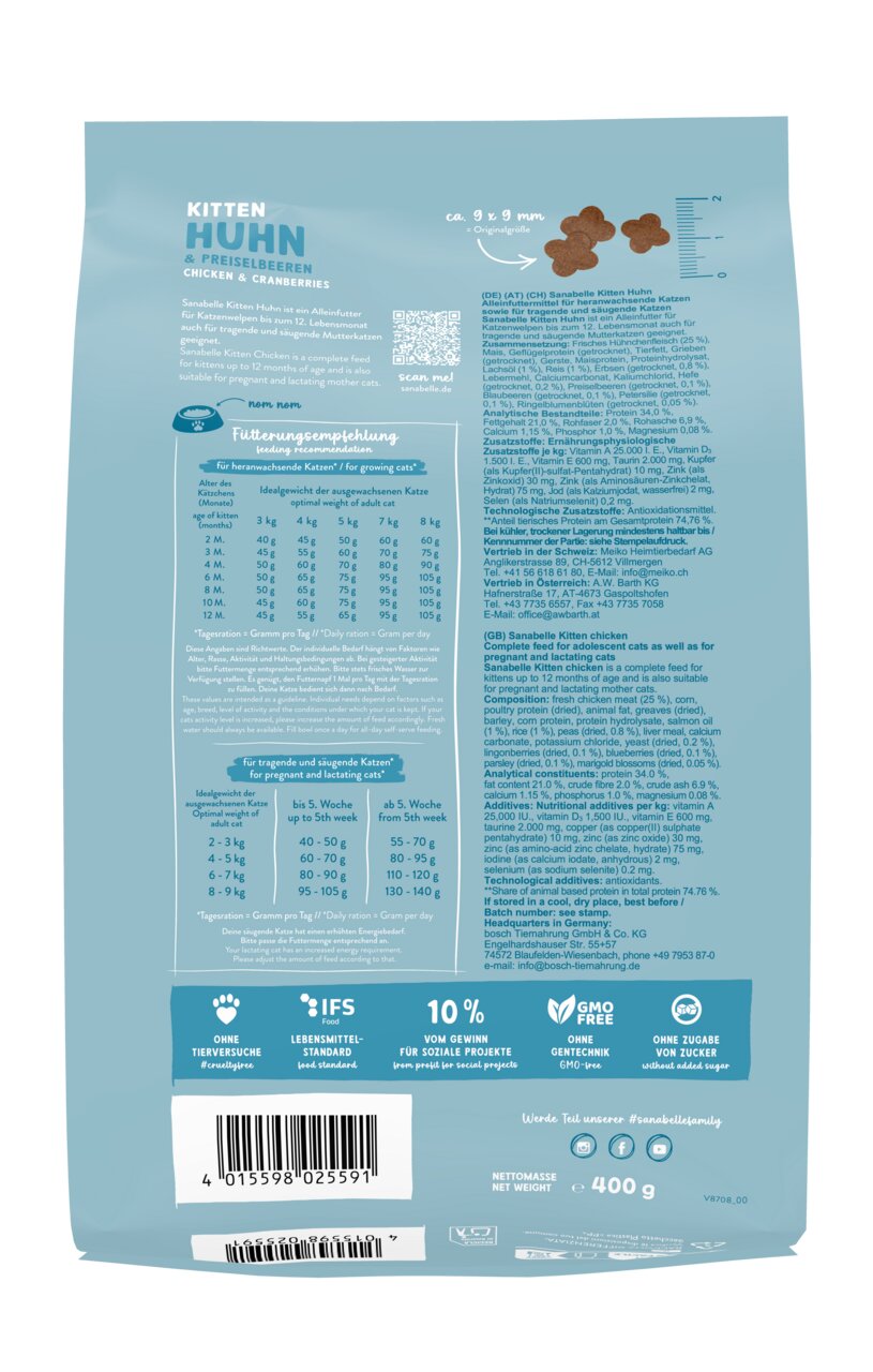 Sanabelle Kitten Huhn & Preiselbeeren, für Katzen bis 12 Monate/tragend/säugend, 400 g, ohne Gentechnik, Zuckerzusatz, Tierversuche.