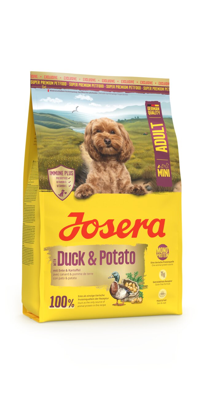 Josera Duck & Potato Hundefutter für Erwachsene, Geschmacksrichtung Ente, 100% Monoprotein, getreidefrei, 4,5 kg.