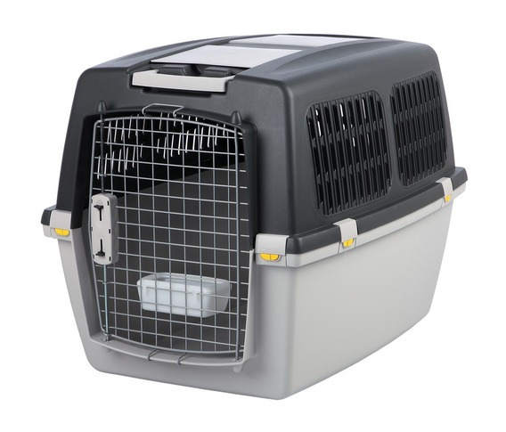Transportbox TRIXIE Capri für Katzen & kl. Hunde, robust, Kunststoff, Grau/Schwarz, Metallgittertür, Lüftung, Tragegriff, Futterbehälter.