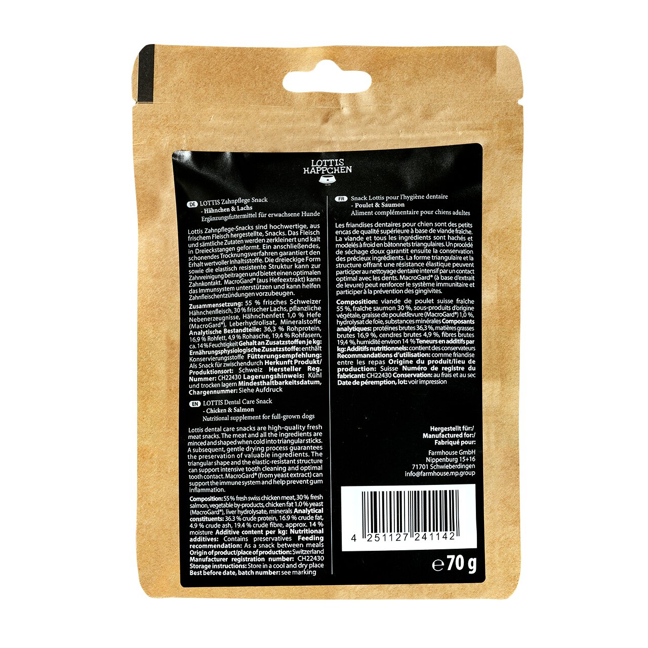 Rückseite der Verpackung von "Lottis Häppchen Zahnpflege Snack" für Hunde, Geschmack Huhn & Lachs, Inhalt: 70 g.