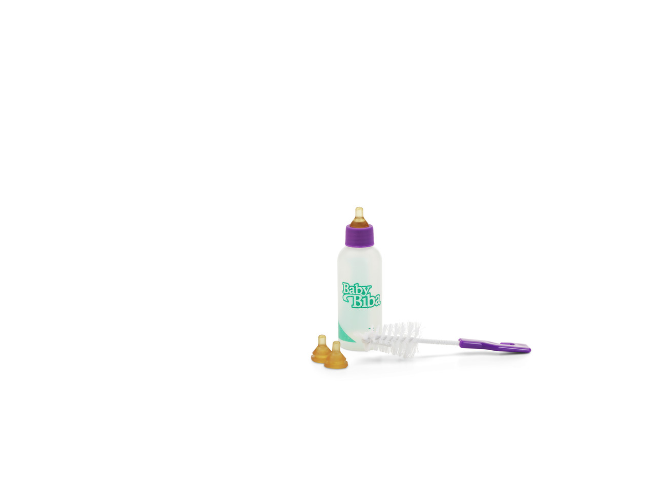 Das Bild zeigt das Produkt „Baby Biba“ der Marke SAVIC, ein Set bestehend aus einer transparenten Flasche mit lila Verschluss und gelbem Sauger, zwei zusätzlichen Saugern und einer Reinigungsbürste mit lila Griff. Es ist für die Fütterung von Tierbabys ge