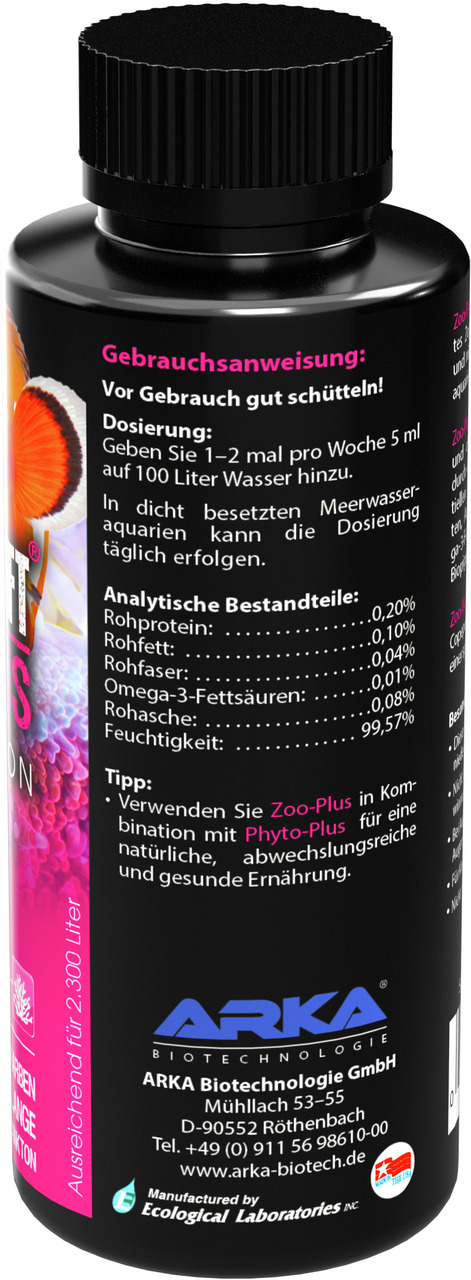 Das Bild zeigt eine schwarze Flasche des Produkts "MICROBE-LIFT Zoo-Plus" von ARKA Biotechnologie, geeignet für Meerwasseraquarien. Es handelt sich um ein Ergänzungsfuttermittel für Korallen und andere Filtrierer. Die Flasche enthält 236 ml und ist ausrei