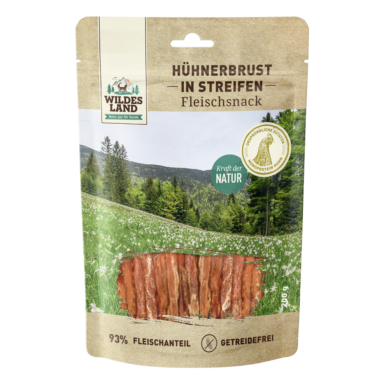 Wildes Land Hühnerbrust-Streifen, getreidefreier Fleischsnack für Hunde, Huhn, 93 % Fleisch, 200 g, für natürliche Ernährung.