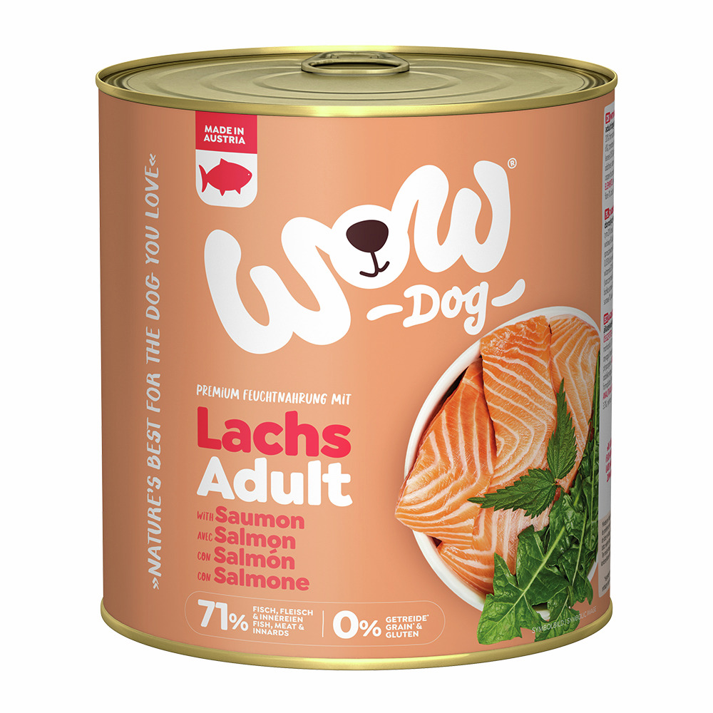 Das Bild zeigt eine Dose des Hundefutters „WOW DOG Lachs Adult“, eine Premium-Feuchtnahrung für ausgewachsene Hunde. Die Geschmacksrichtung ist Lachs, und die Verpackung hebt hervor, dass das Produkt 71 % Fisch, Fleisch und Innereien enthält sowie getreid