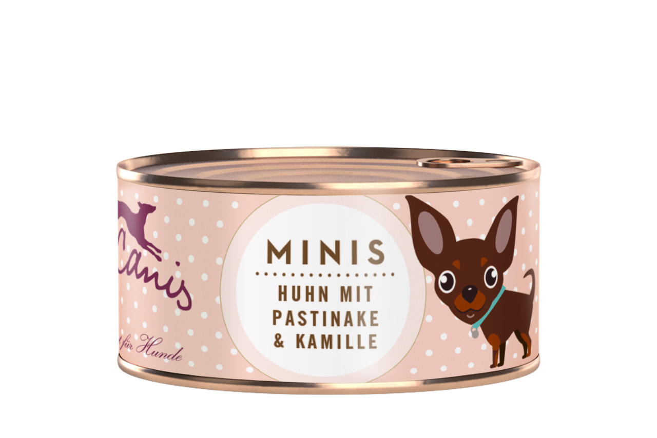 Terra Canis Minis Hundefutter, Huhn mit Pastinake & Kamille, für kleine Hunde, 125g, zart rosa Dose mit weißen Punkten.