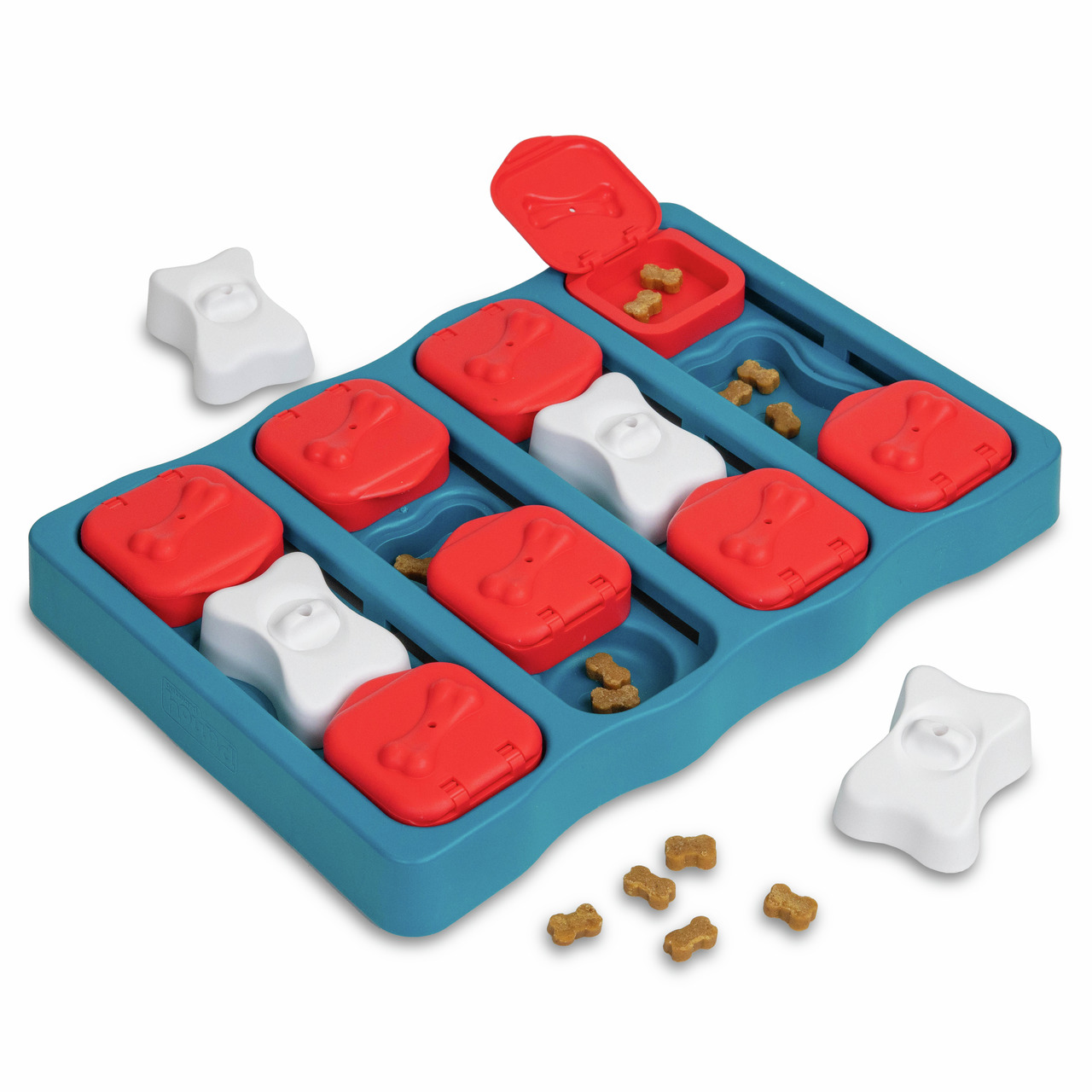 Outward Hound Dog Brick Puzzle, interaktives Spielzeug für Hunde, blau-rot-weiß, fördert geistige Anregung & Spielspaß.