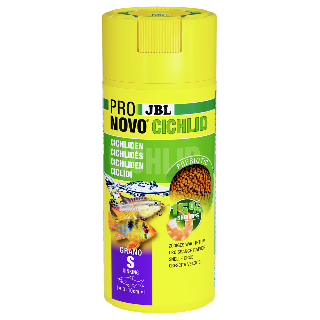 JBL Pro Novo Cichlid Grano S, für Cichliden (3-10 cm), 15 % Shrimps, fördert Wachstum, speziell für Aquarienfische.