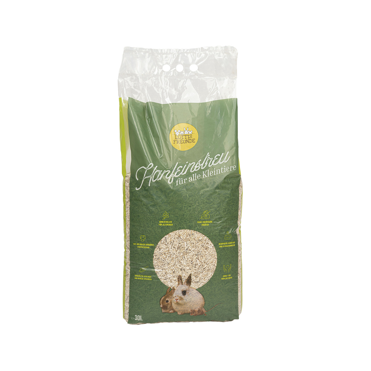 Das Bild zeigt eine grüne Verpackung des Produkts „Lottis Freunde Hanfeinstreu für alle Kleintiere“ mit einem Volumen von 30 Litern. Die Zielgruppe sind Kleintiere wie Kaninchen und Meerschweinchen, die auch auf der Verpackung abgebildet sind. Das Einstre