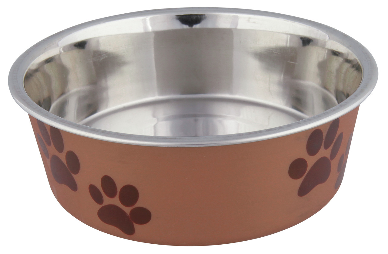 TRIXIE Futternapf für Hunde-Katzen, Edelstahl, braune Außenseite mit Pfotenmotiven, robust, leicht zu reinigen, ideal für Futter-Wasser.