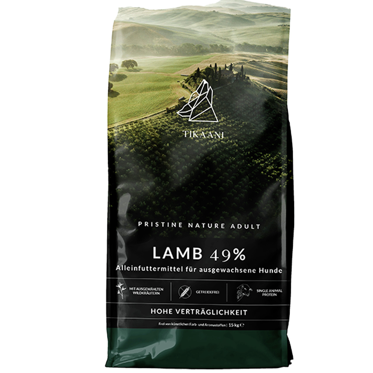 TIKAANI Pristine Nature Adult Lamb 49%, 15 kg, getreidefreies Alleinfutter f. erw. Hunde, Single-Protein Lamm, Wildkräuter, verträglich.