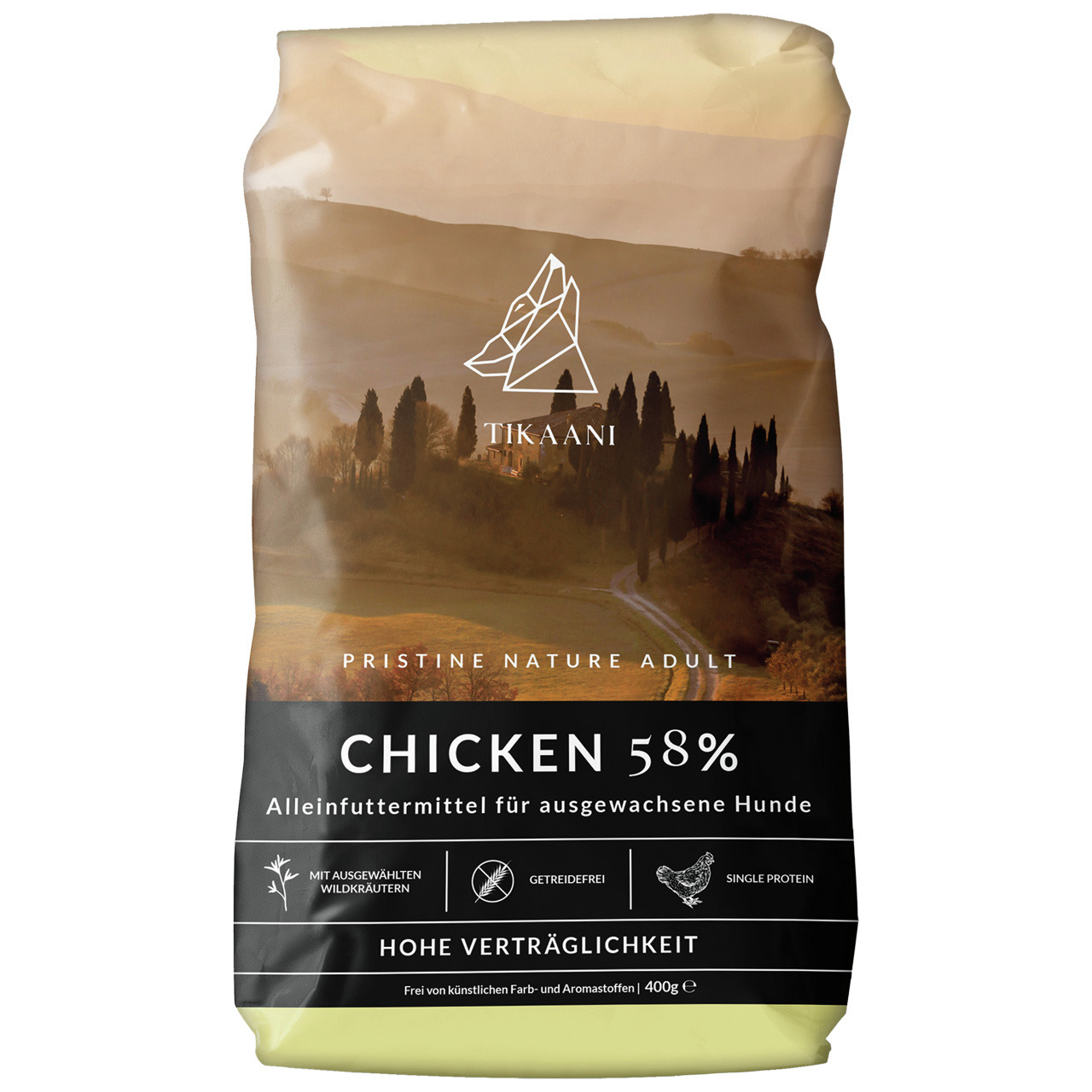 TIKAANI Pristine Nature Adult, 400 g, Alleinfutter f. erw. Hunde, 58 % Huhn, getreidefrei, Wildkräuter, hohe Verträglichkeit.