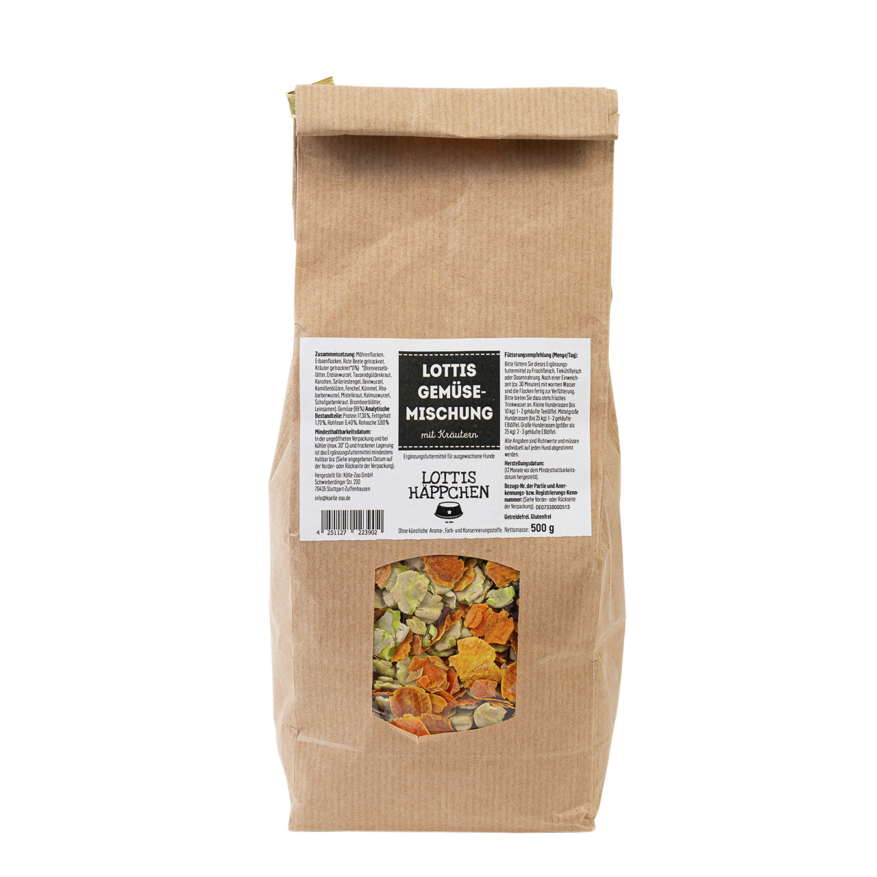 Lottis Häppchen Gemüse-Mischung m. Kräutern, Ergänzungsfuttermittel f. Hunde, 500 g, leuchtendes getrocknetes Gemüse in Orange & Grün.