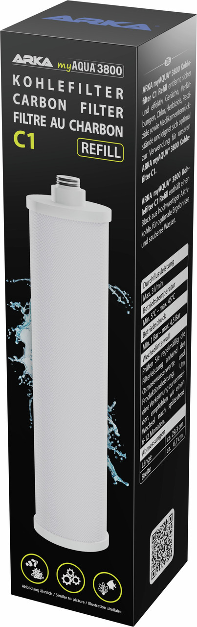 ARKA myAQUA 3800 Kohlefilter C1 Refill, Wasseraufbereitung, effektive Schadstoffreduktion, schwarze Verpackung, weißer Filtereinsatz.
