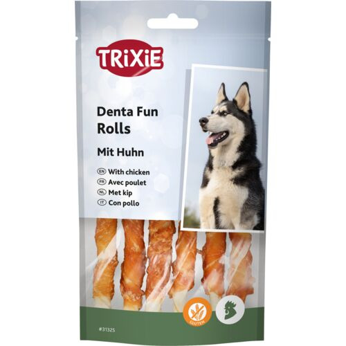 Verpackung des Produkts „TRIXIE Denta Fun Rolls mit Huhn“ für Hunde. Die Zielgruppe sind Hunde, die von kaubaren Snacks profitieren. Die Geschmacksrichtung ist Huhn. Auf der Verpackung sind die Rolls abgebildet, Menge erkennbar: 4 Stück. Werbeaussage: Zah