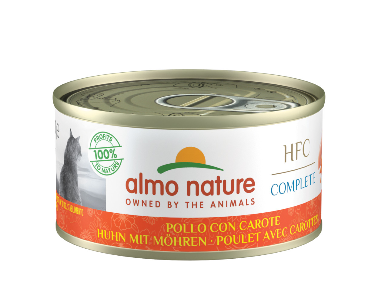 Almo Nature HFC Complete Katzenfutter, Huhn+Möhren, 70 g, für Katzen, „100% Profits to Nature“, nachhaltige Philosophie.