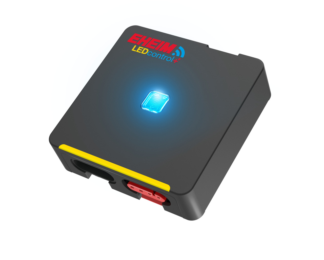 Das Bild zeigt den EHEIM LEDcontrol+, einen intelligenten LED-Controller für Aquarienbeleuchtung. Das kompakte, schwarze Gerät mit leuchtendem blauen Bedienknopf ermöglicht die präzise Steuerung von Lichtintensität und -zyklen. Ideal für Aquarienbesitzer,