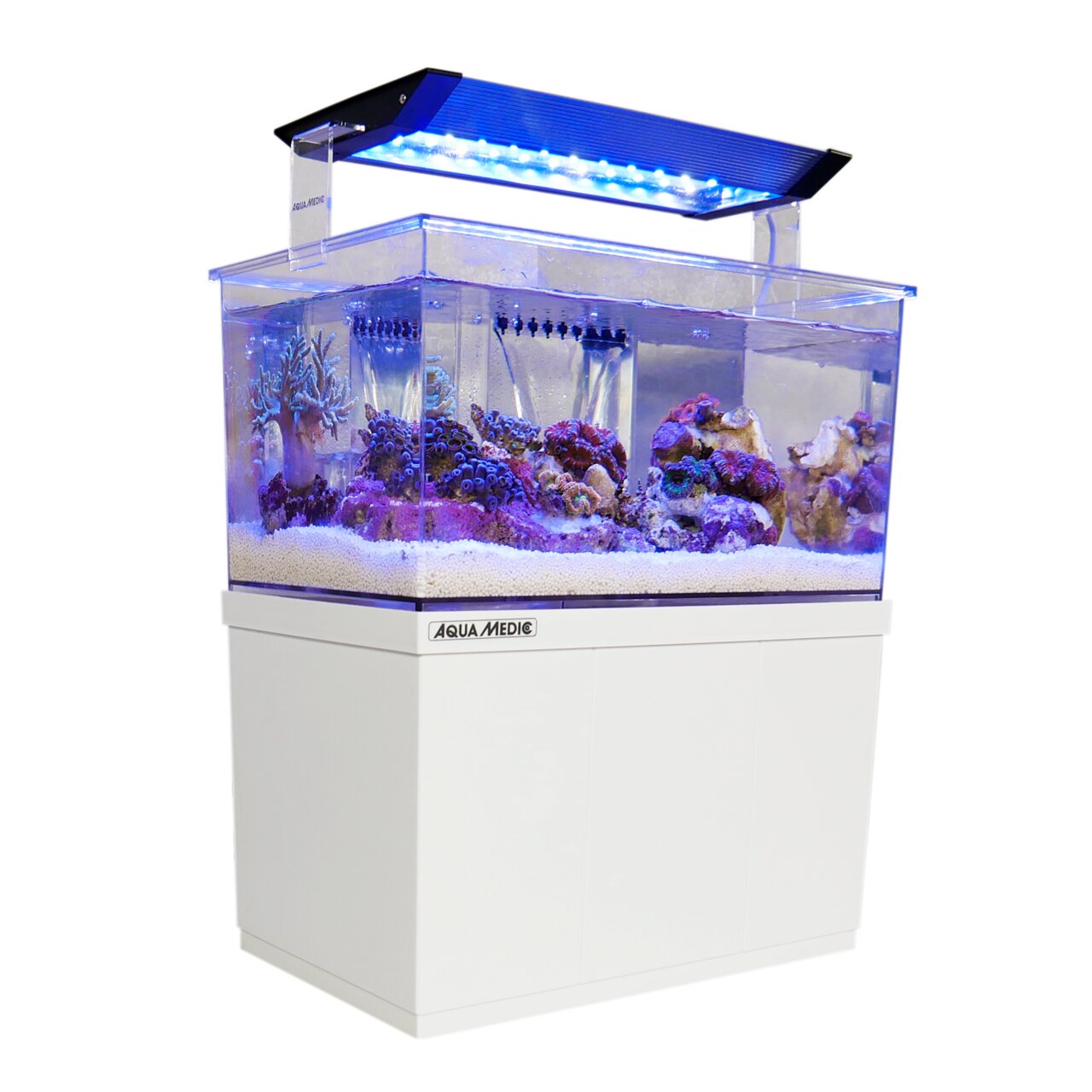 Aqua Medic Cubicus Meerwasseraquarium, LED-Beleuchtung, weißer Unterschrank, für Korallen, dekorative Steine, modernes Design.