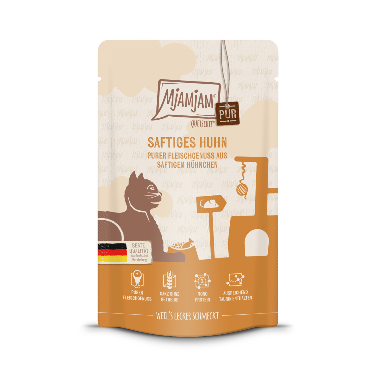 MJAMJAM Saftiges Huhn, Katzen, getreidefreies Nassfutter, Monoprotein Huhn, Taurin, 125 g, Siegel „Beste Qualität“.