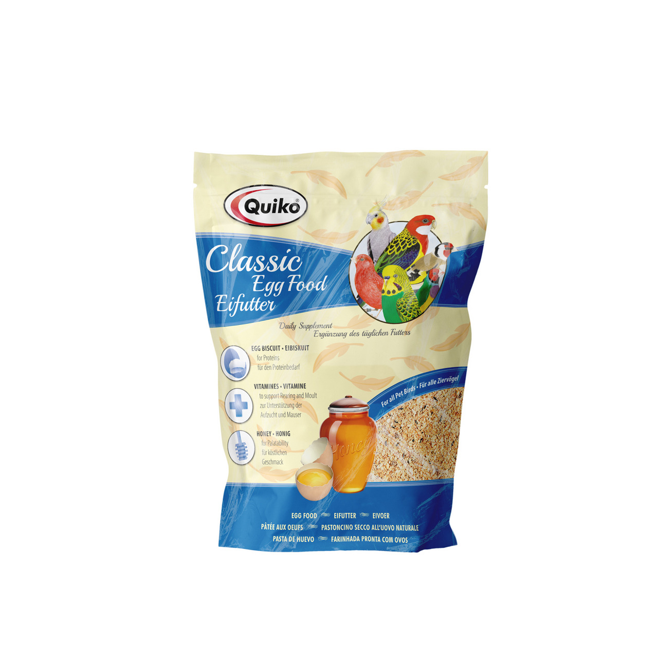 Das Bild zeigt eine Verpackung des Produkts „Quiko Classic Egg Food Eifutter“. Es handelt sich um Ergänzungsfutter für Ziervögel, das speziell zur Unterstützung von Wachstum und Mauser entwickelt wurde. Die Geschmacksrichtung ist Honig, und die Verpackung