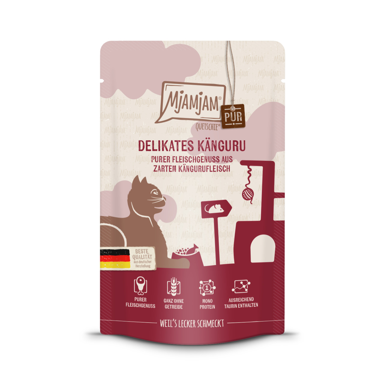 Mjamjam Quetschie Pur – Delikates Känguru, Nassfutter f. Katzen, getreidefrei, Monoprotein, 125 g, hoher Fleischgenuss, zartes Känguru.