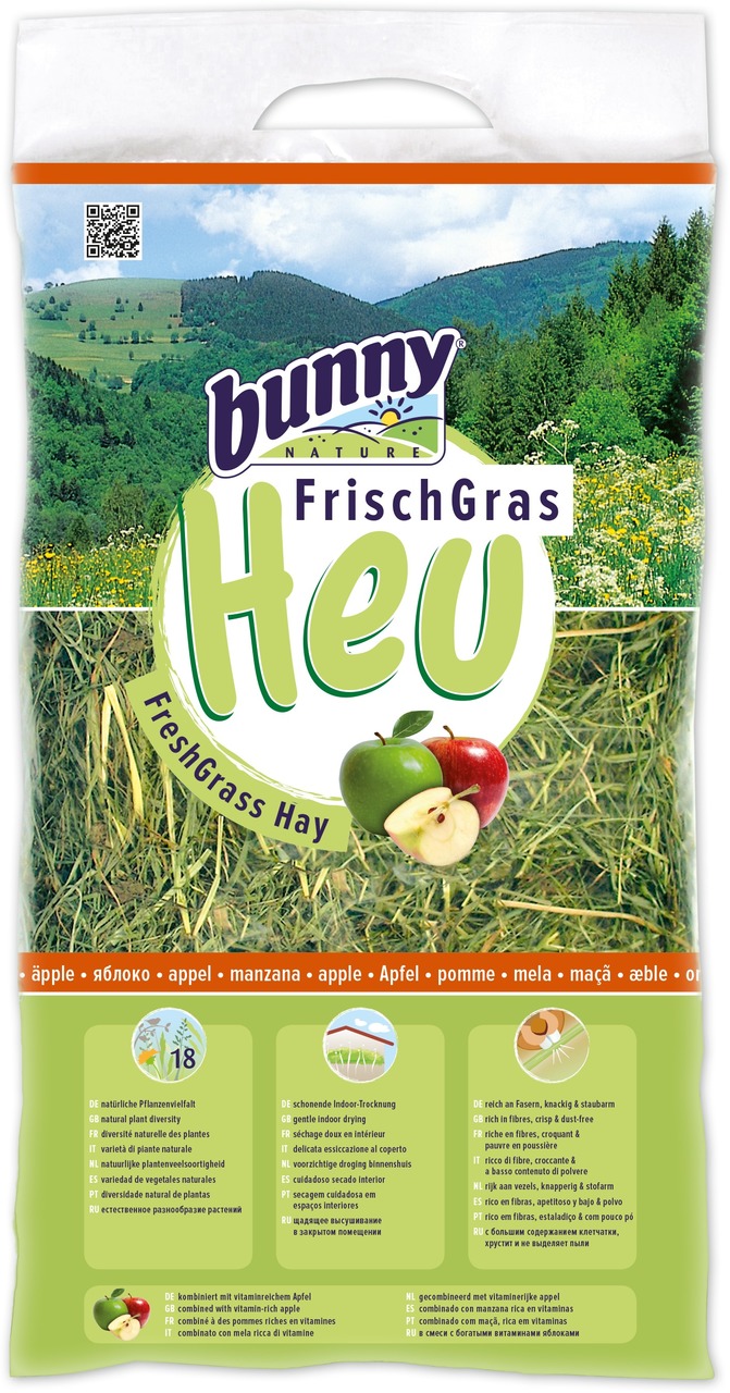 Bunny Nature FrischGras Heu, Apfelgeschmack, für Kaninchen & Co., nat. Pflanzenvielfalt, schonend getrocknet, mit vitaminr. Äpfeln.