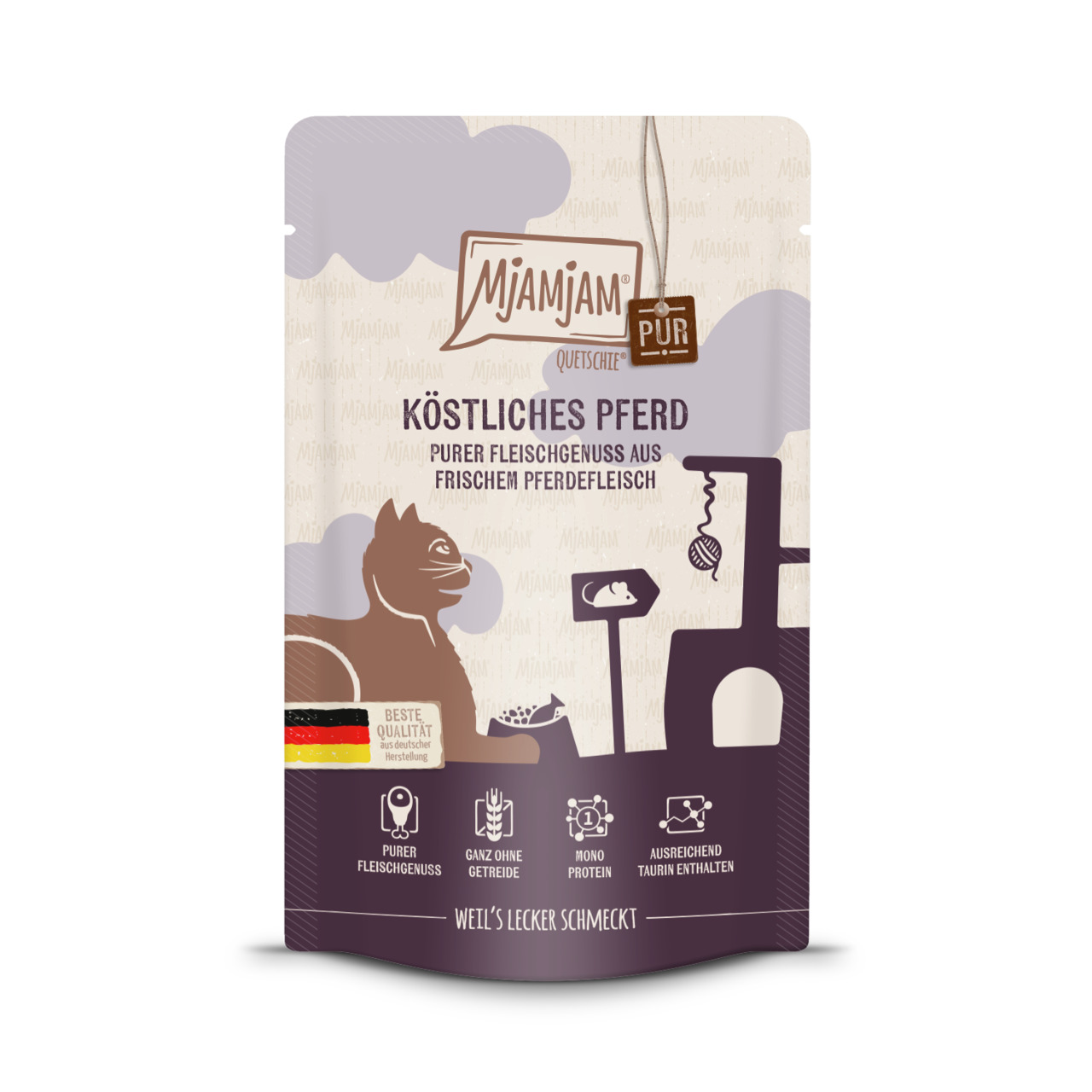 Sparpaket 24 x 125 g Mjamjam Quetschie Köstliches Pferd purer Fleischgenuss aus frischem Pferdefleisch Katzen Nassfutter
