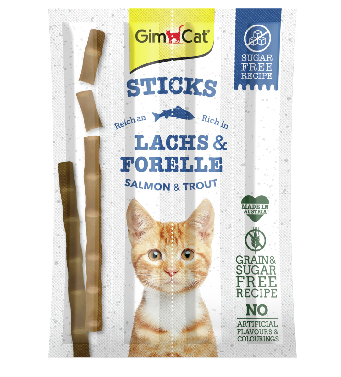 GimCat Sticks für Katzen, reich an Lachs & Forelle, getreide- & zuckerfrei, ohne künstl. Aromen/Farbstoffe, Hergestellt in Österreich.