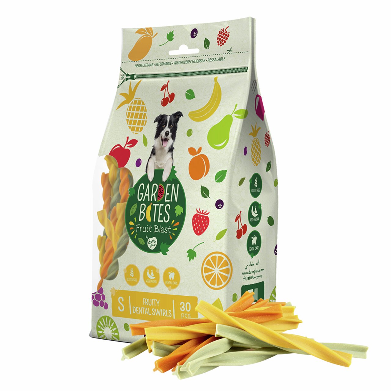 Duvo+ Garden Bites Fruit Blast für Hunde, vegetarisch, fruchtige Zahnpflege-Sticks, 30 Stück. Wiederverwendbare Verpackung.