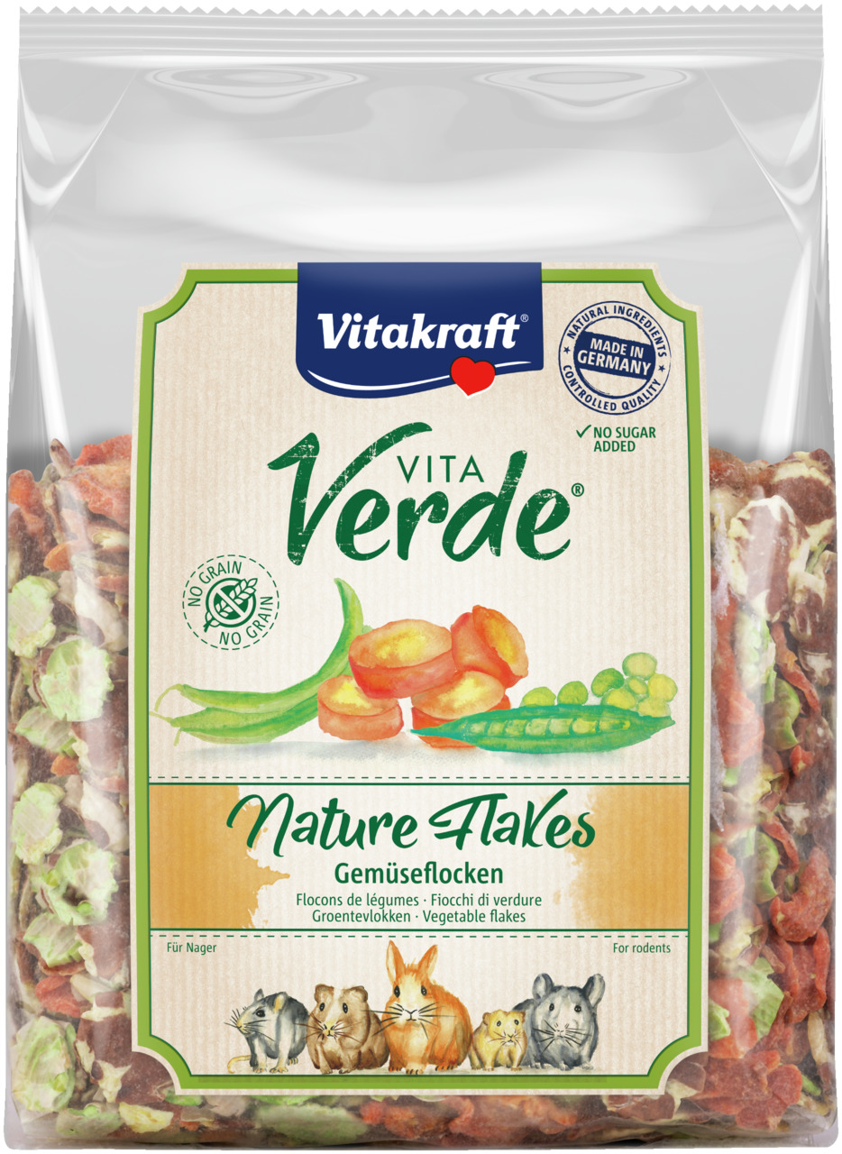 Vitakraft Vita Verde Nature Flakes, Ergänzungsfutter für Nager (Hamster, Meerschweinchen, Kaninchen), Karotte & Erbse, ohne Zucker/Getreide.