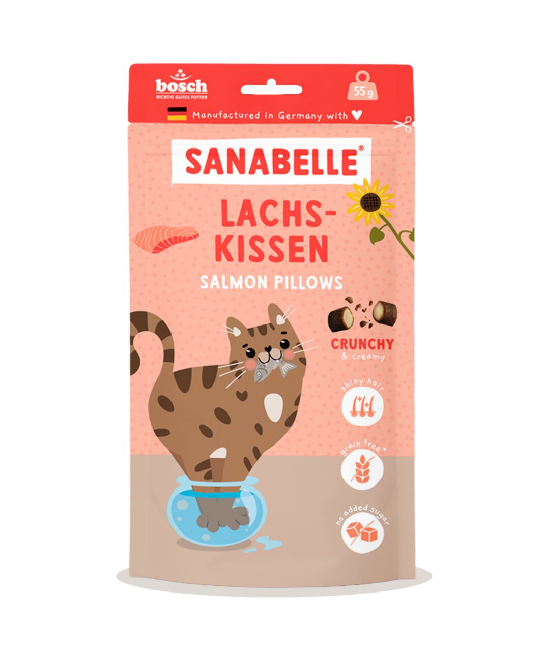 Sanabelle Lachskissen für Katzen, Geschmack Lachs, ohne Getreide, 55 g, fördert glänzendes Fell, knusprig und cremig.