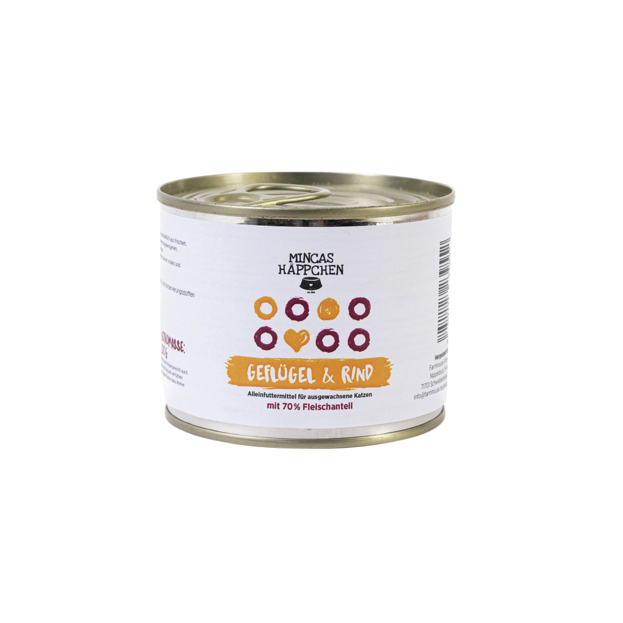 Mincas „Mincas Häppchen“ Katzenfutter, Alleinfutter für ausgewachsene Katzen, Geflügel & Rind, 70 % Fleischanteil, weiße Dose.