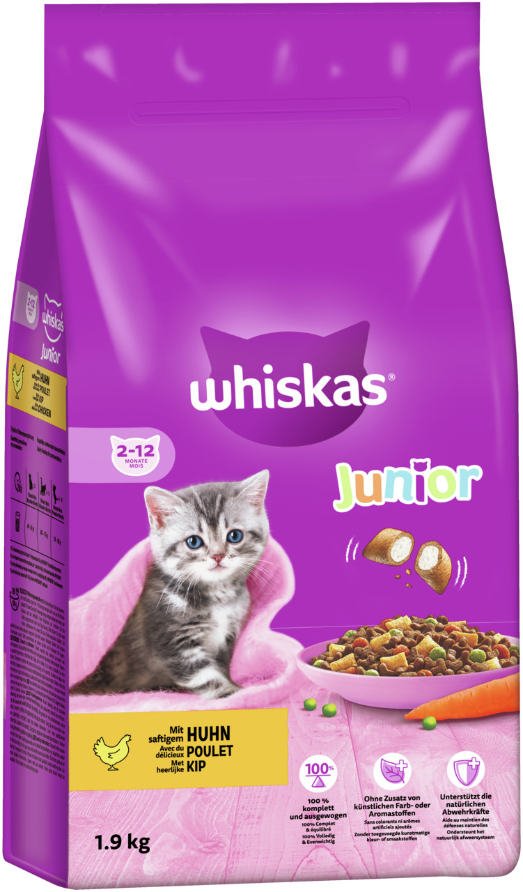 Whiskas Junior Katzenfutter, 1,9 kg, Huhn, für junge Katzen (2-12 Monate), 100 % vollst. & ausgew. Ernährung, ohne künstl. Farb--Aromastoffe.