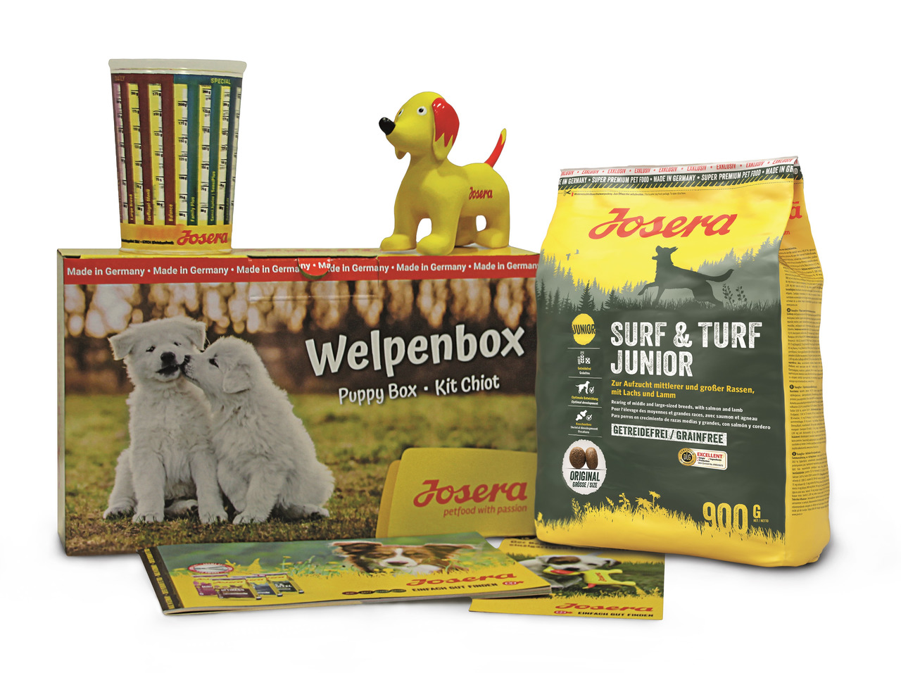 Josera Welpenbox: Starter-Set für Welpen, 900 g Surf & Turf Junior (Lachs & Lamm, getreidefrei), inkl. Spielzeug, Messbecher & Infos.