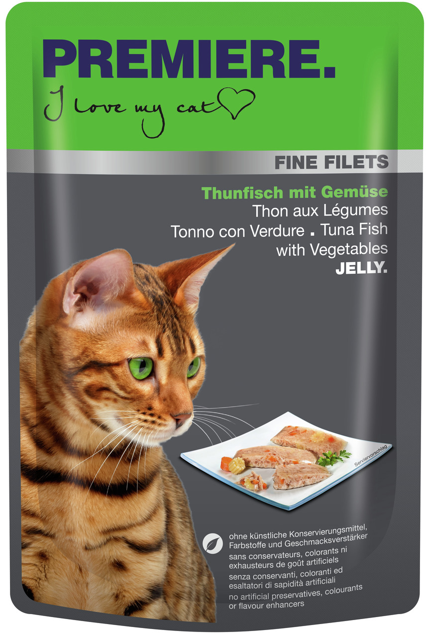 PREMIERE Fine Filets – Thunfisch mit Gemüse in Jelly, für Katzen, ohne künstl. Konservierungsmittel, Farbstoffe u. Geschmacksverstärker.