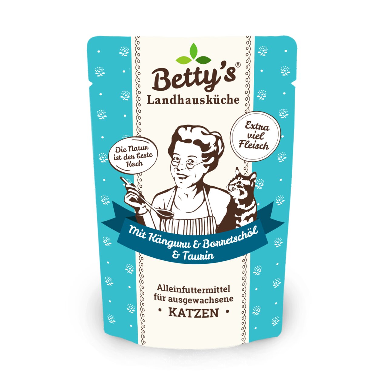 Betty’s Landhausküche Katzennassfutter für ausgewachsene Katzen, Känguru & Bornetschöl, extra viel Fleisch, mit Taurin.