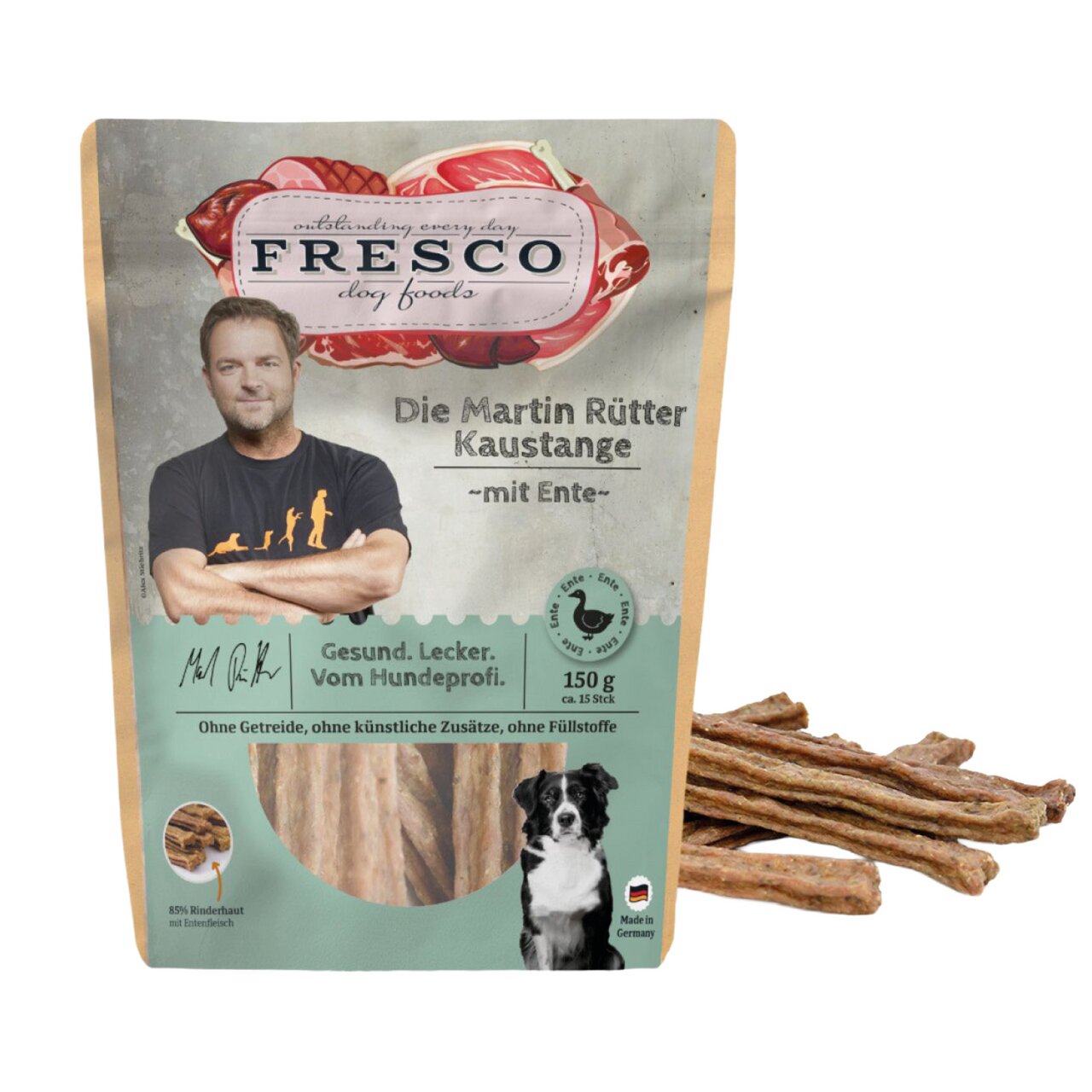 Fresco Die Martin Rütter Kaustange mit Ente, für Hunde, getreidefrei, 150 g, gesund und lecker, ohne künstliche Zusätze.