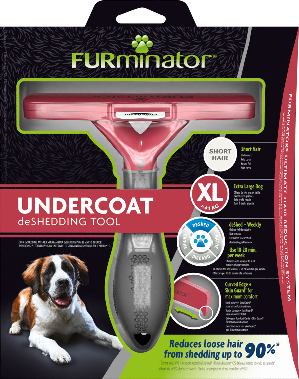 FURminator Undercoat deShedding Tool, Hunde >41 kg, kurzes Fell, reduziert Unterwolle bis 90 %, wöchentl. Anwendung, Größe XL.