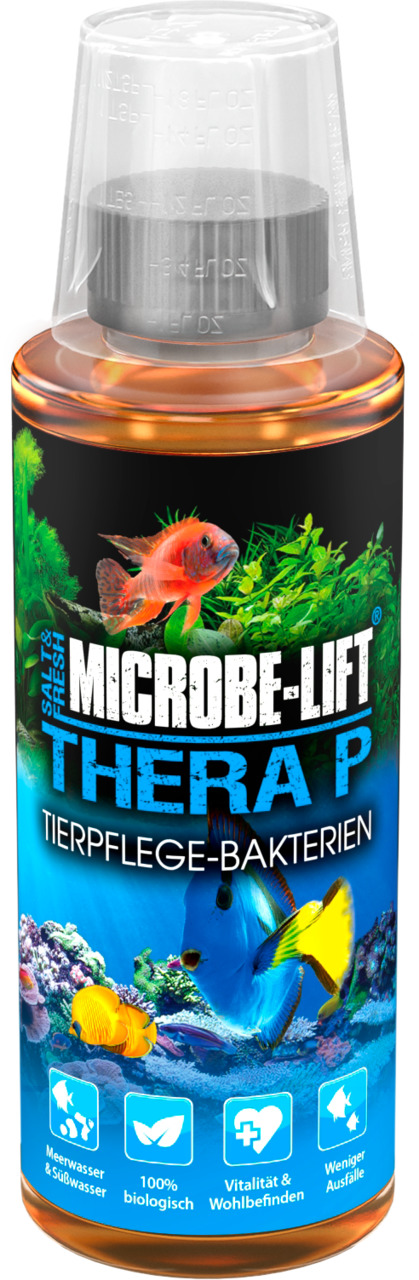 MICROBE-LIFT Thera P, Tierpflege-Bakterien f. Aquarien (Süß-/Meerwasser), 100% bio, Vitalität, weniger Ausfälle, 473 ml.