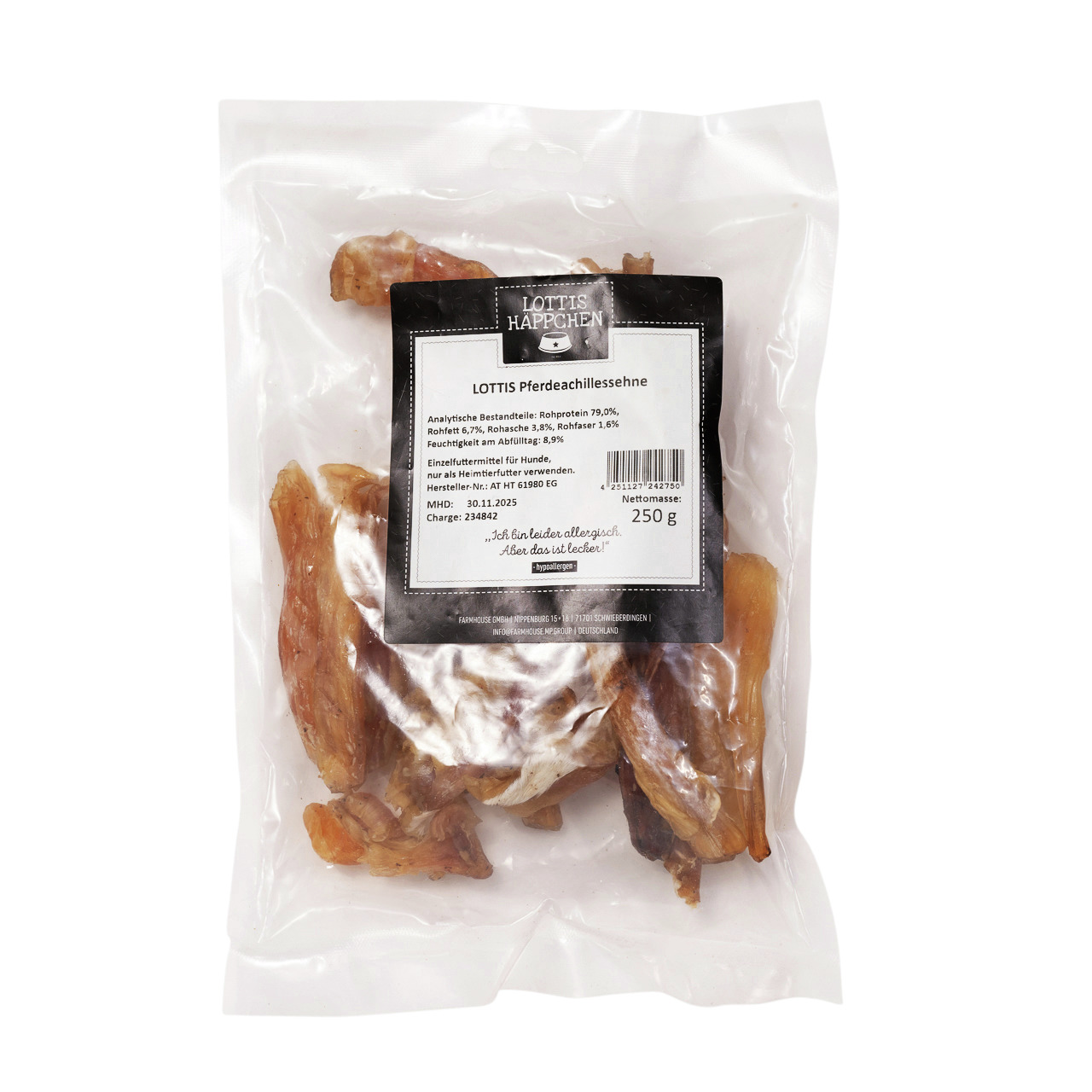 Das Bild zeigt eine transparente Verpackung mit dem Produkt „Lottis Häppchen Pferdeachillessehne“, einem natürlichen Kausnack für Hunde. Die Zielgruppe sind Hundehalter, die Wert auf artgerechte Ernährung legen. Die Packung enthält 250 g getrocknete Pferd