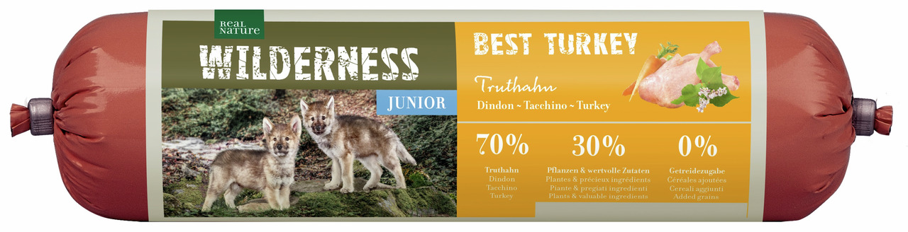 REAL NATURE WILDERNESS Junior Best Turkey, für junge Hunde, Truthahn, 70 % Truthahn, 30 % pflanzl. Zutaten, 0 % Getreide.