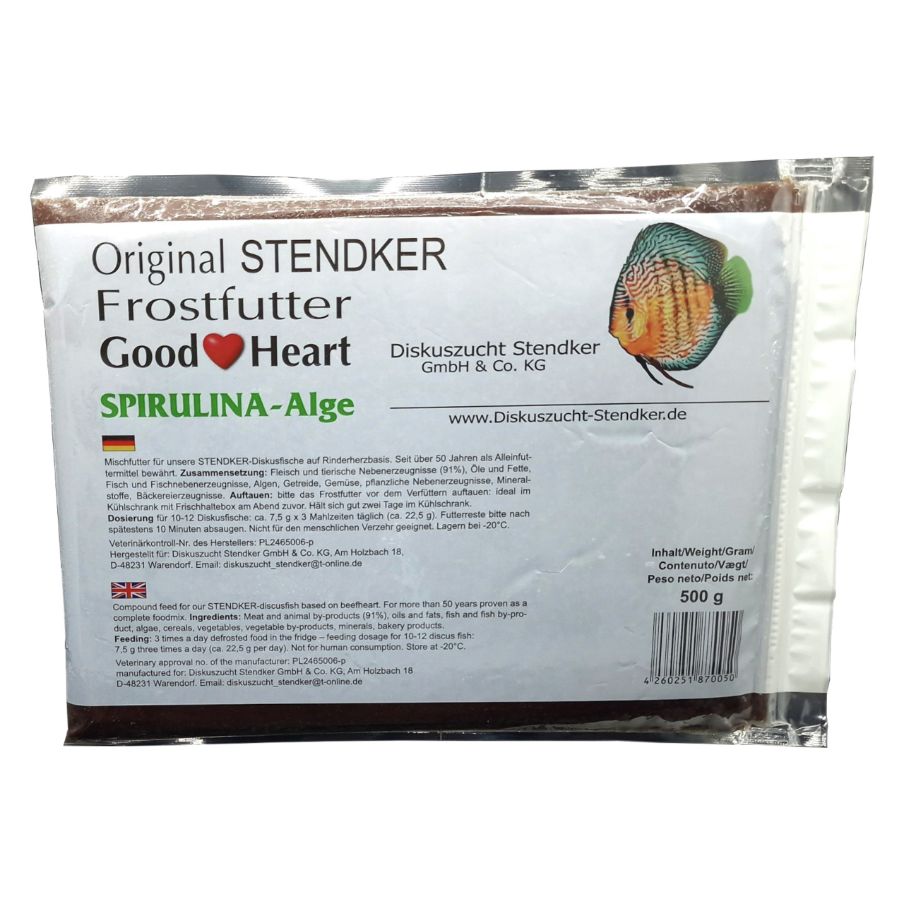 Diskuszucht Stendker Original STENDKER Frostfutter Good Heart Spirulina-Alge, 500 g, für Diskusfische, abgestimmt auf ihre Bedürfnisse.