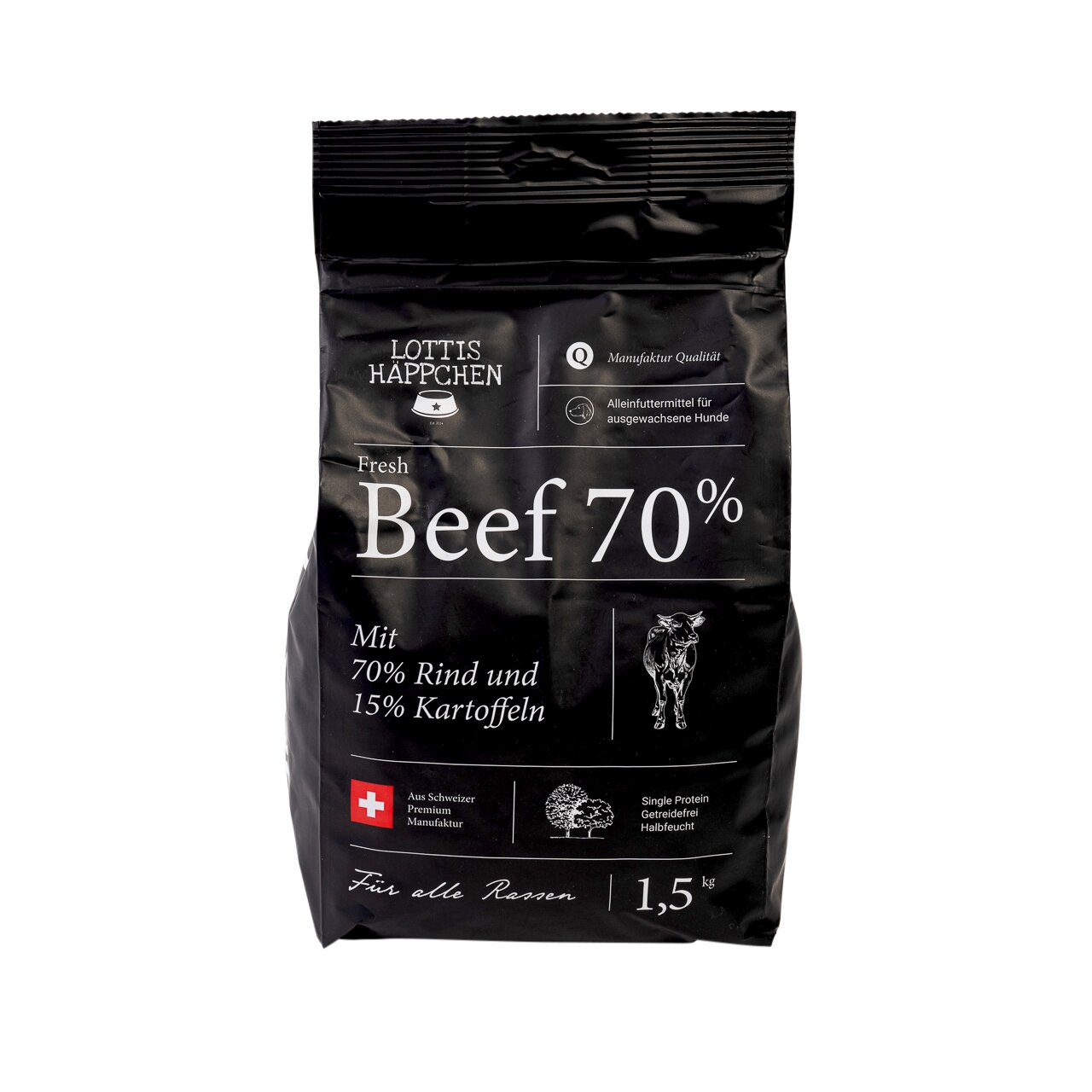Lottis Häppchen Fresh Beef 70%: Alleinfutter f. erw. Hunde, 70% Rind, 15% Kartoffeln, getreidefrei, Single-Protein, 1,5 kg, Premium.