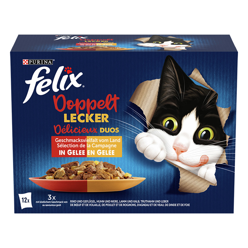Das Bild zeigt eine Verpackung des Katzenfutters „Felix Doppelt Lecker“ von Purina. Es handelt sich um Nassfutter in Gelee für Katzen. Die Geschmacksrichtungen umfassen Rind und Geflügel, Huhn und Niere, Lamm und Kalb sowie Truthahn und Leber. Die Packung