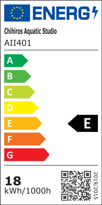Chihiros Aquatic Studio AII401, Energieklasse E (A-G), Verbrauch: 18 kWh-1000h, EU-Verordnung 2019-2015, QR-Code vorhanden.