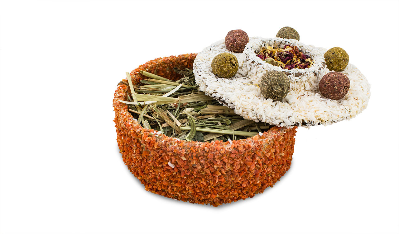 JR FARM Knabber-Schmaus: Spielzeug f. Kleintiere (Kaninchen, Meerschweinchen), Karottenschale, Heu, Blüten, Knabberbällchen, Zahnpflege.