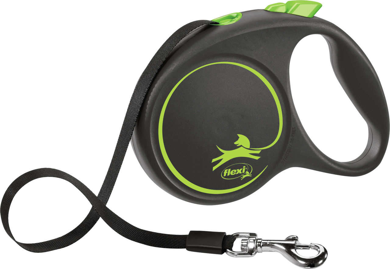 Das Bild zeigt eine Flexi Hundeleine, Modell New Classic, geeignet für Hunde. Die Leine ist schwarz mit grünen Akzenten und verfügt über ein ergonomisches Griffdesign. Sie ist mit einem stabilen Karabinerhaken ausgestattet und bietet eine automatische Auf