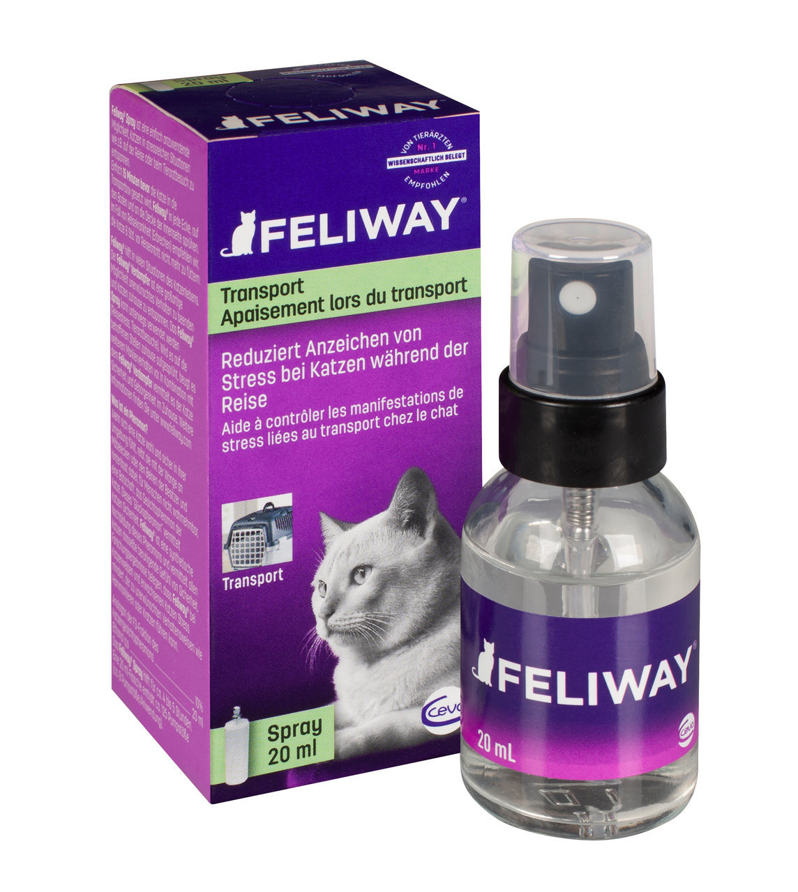 Feliway Transport Spray, 20 ml, für Katzen. Reduziert Stress während Reisen. Lila-grüne Verpackung mit Katzenmotiv.