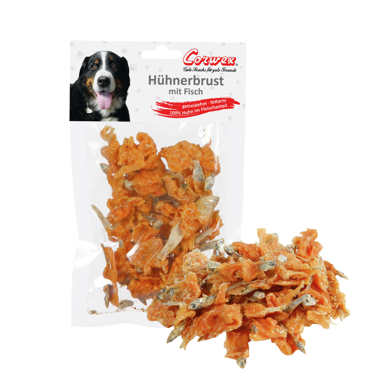 Das Bild zeigt eine Verpackung des Produkts „Corwex Hühnerbrust mit Fisch“, einem getreidefreien und fettarmen Snack für Hunde. Die transparente Tüte enthält orangefarbene Hühnerbruststücke mit kleinen Fischstücken. Auf der Verpackung steht „100% Huhn im 