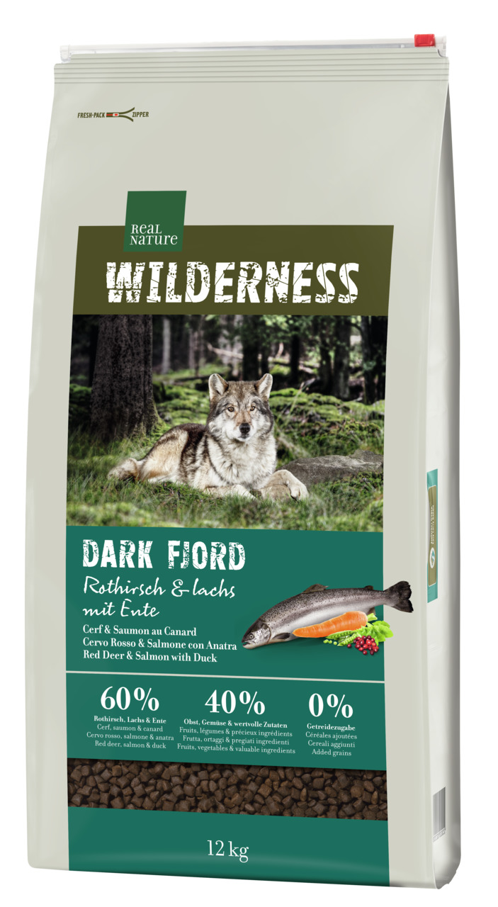 REAL NATURE WILDERNESS Dark Fjord, 12 kg, für ausgew. Hunde, Rothirsch, Lachs, Ente, 60 % tier. Zutaten, 40 % Obst/Gemüse, 0 % Getreide.