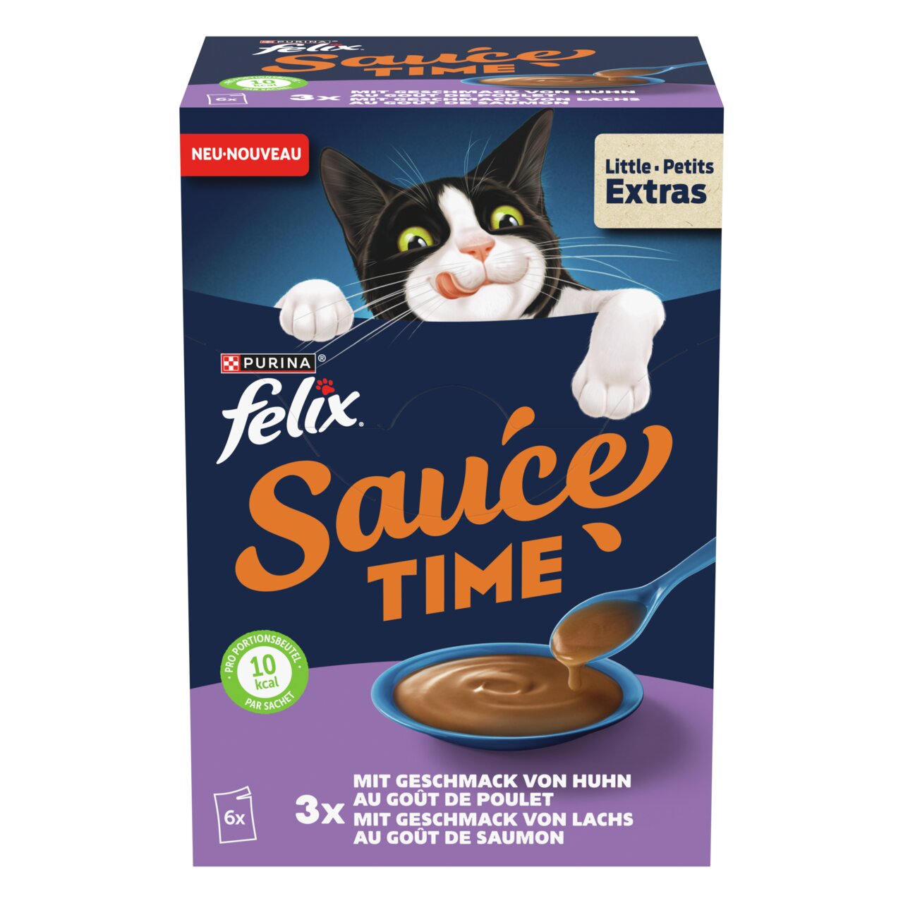 Felix Sauce Time für Katzen, Geschmacksrichtung Huhn und Truthahn, 6x10g, cremige Sauce als Ergänzung zum Futter.